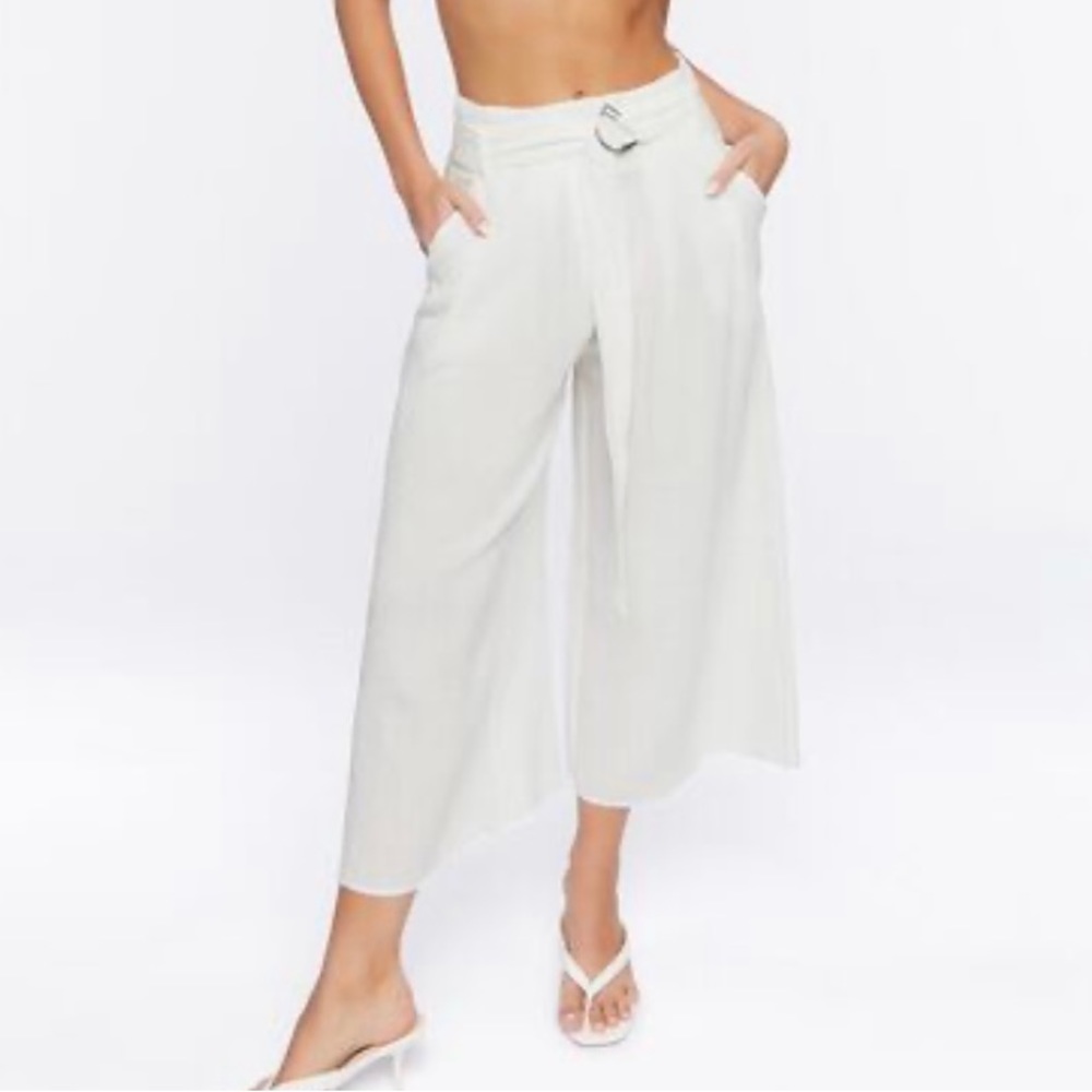Forever, 21 contemporary wide leg gauchos  blue denim look belted high waisted‎